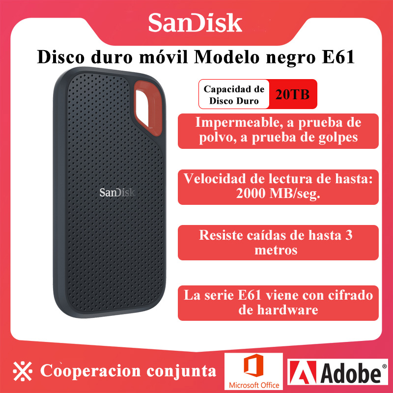 Disco duro portátil SanDisk E61 SSD 20T de alta capacidad apto para ordenadores y teléfonos móviles