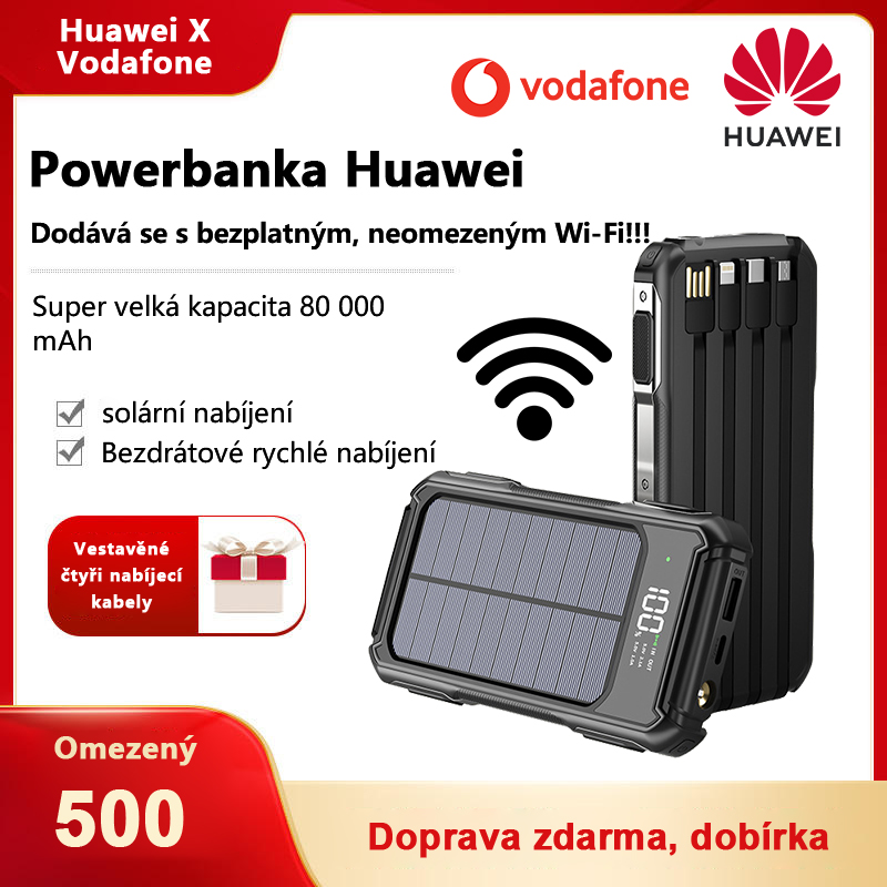 Solární powerbanka HUAWEI 80000mAh, neomezená wifi zdarma
