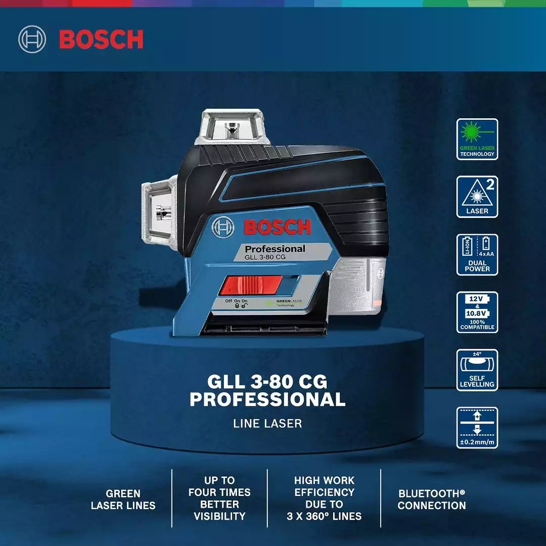 [BOSCH GLL 3-80 CG] 16řádková laserová vodováha, vizuální vzdálenost až 120 metrů, plné pokrytí 360°