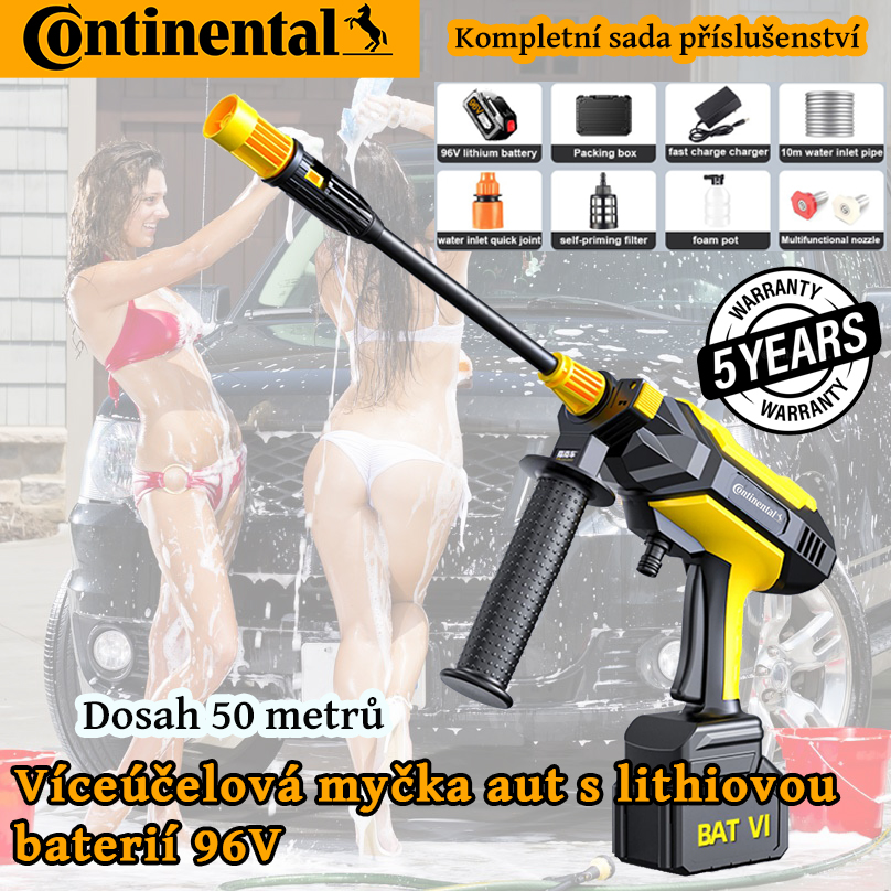 Vysokotlaká vodní pistole značky Continental a výkonná lithiová akumulátorová myčka aut