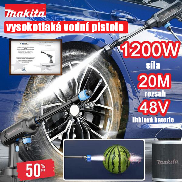 Bezdrátový vysokotlaký čistič Makita s dobíjecí baterií 4,0 Ah, tryska 6v1, přenosný tlakový čistič pro zavlažování auta/plotu/podlahy/sady, nabíječka součástí balení