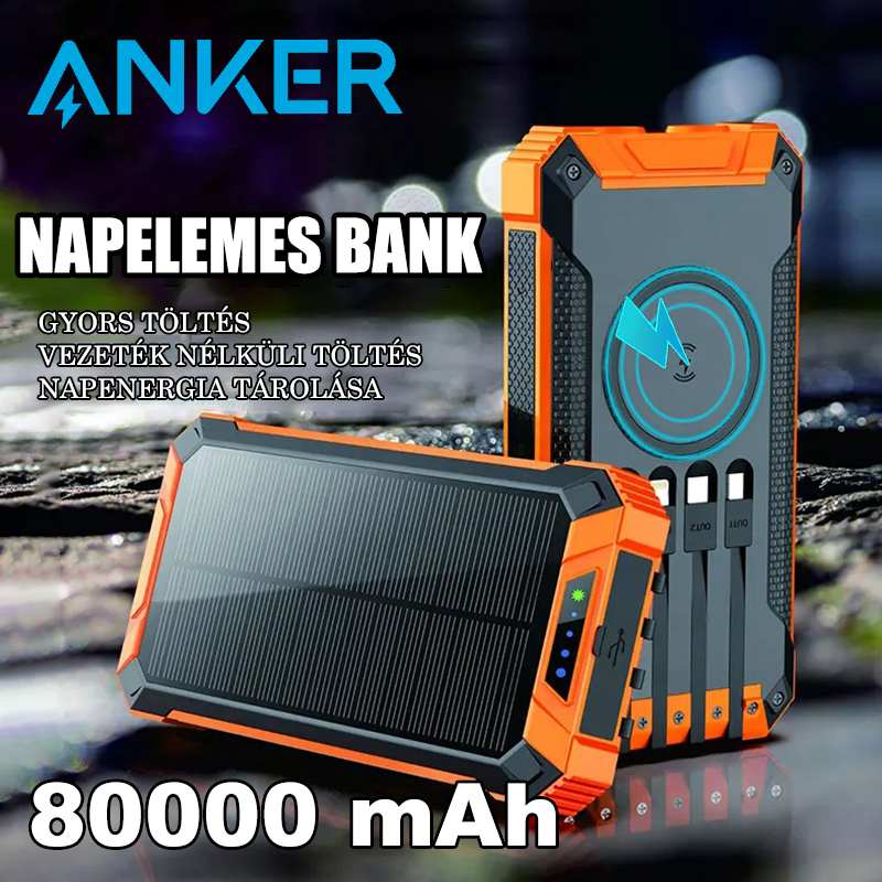 Anker 100 000 mAh napelemes akkumulátor, három töltési mód, beépített rádió, beépített világítás, vezeték nélküli mobiltelefon töltés, többeszközös töltés támogatása