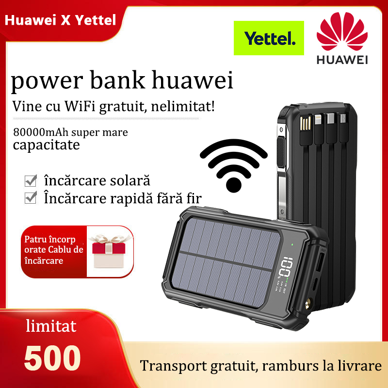 Banca solara Huawei 80000mAh, wifi gratuit nelimitat