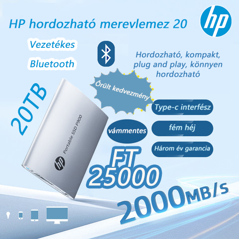 【2000MB/s】HP 20TB nagy memóriakapacitású hordozható merevlemez【Bluetooth kapcsolat támogatása】
