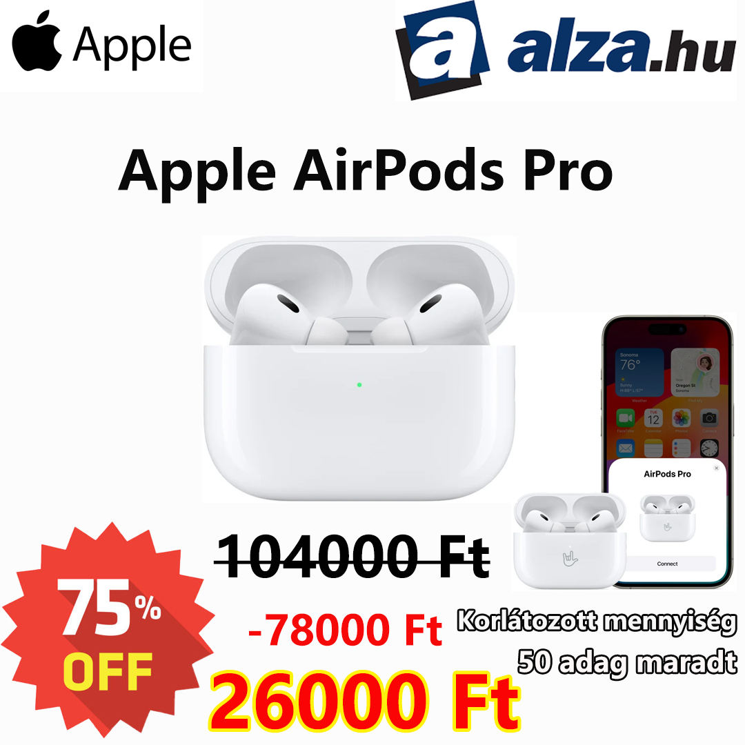 Vezeték nélküli fejhallgató Apple AirPods Pro (2nd Gen) – mikrofon, True Wireless, csatlakozó, aktív zajszűrés (ANC) Akár 30 óra akkumulátor-üzemidő (6 óra + 24 óra)