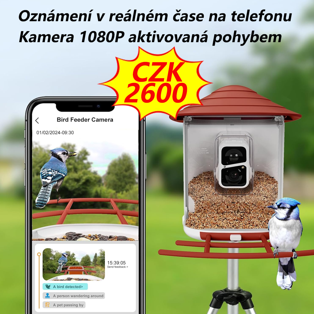 Birdsnap® TUC- Inteligentní krmítko pro ptáky s kamerou a solárním panelem SD karta 4 v 1 bidélko, 160° View 1080P automatická detekce a upozornění, AI Identify 10000+ bezdrátová venkovní kamera pro sledování ptáků pro milovníky ptáků,