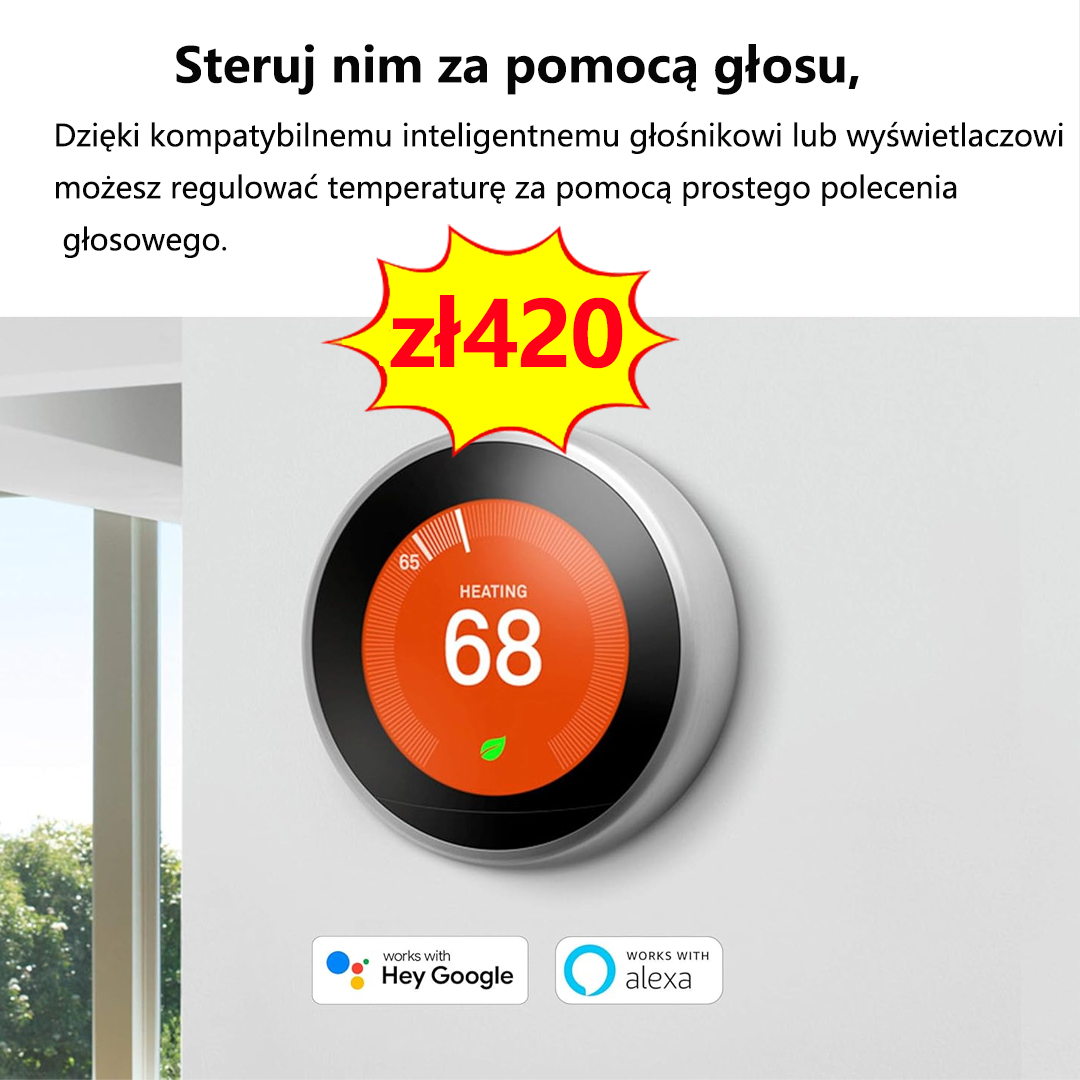 Termostat Google Nest Learning – programowalny inteligentny termostat do domu – termostat Nest trzeciej generacji – współpracuje z Alexą – stal nierdzewna