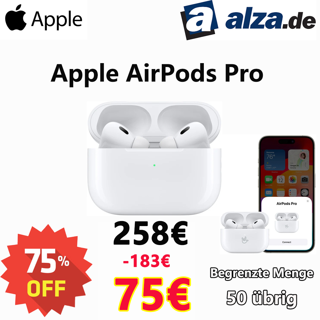 Kabellose Kopfhörer Apple AirPods Pro (2. Generation) – Mikrofon, True Wireless, Anschluss, aktive Geräuschunterdrückung (ANC), bis zu 30 Stunden Akkulaufzeit (6 Stunden + 24 Stunden)